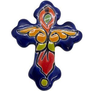 Mexico Talavera Ceramic Hanging Wall Ornament Holy Cross Mini Blue Crucifix Art